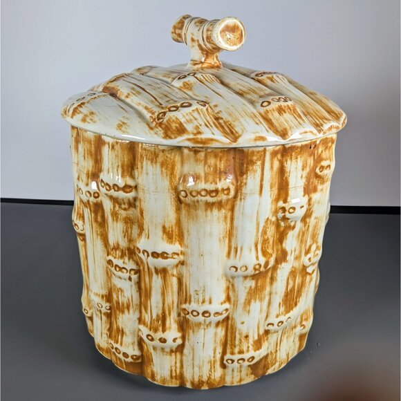 Vintage MCM Bamboo Design Ceramic Cookie Jar Canister Large - Picture 4 of 5